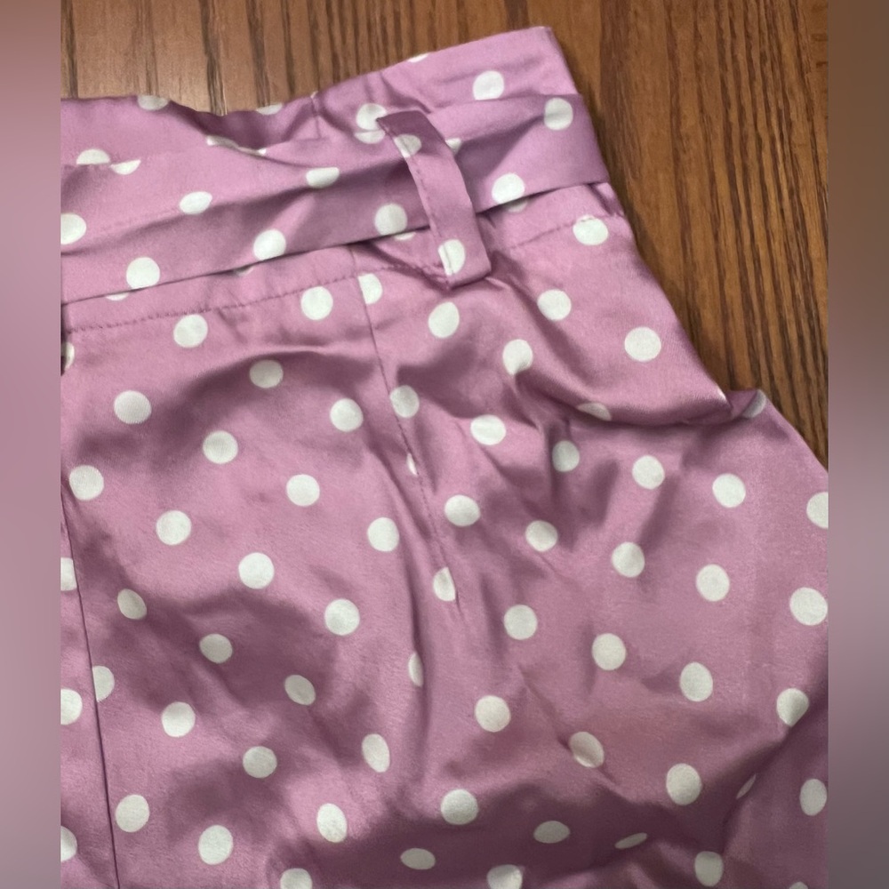 ZARA Lilac & White Polka Dot High Waisted Flowy Satin Belted Paperbag Shorts XS - Picture 13 of 16